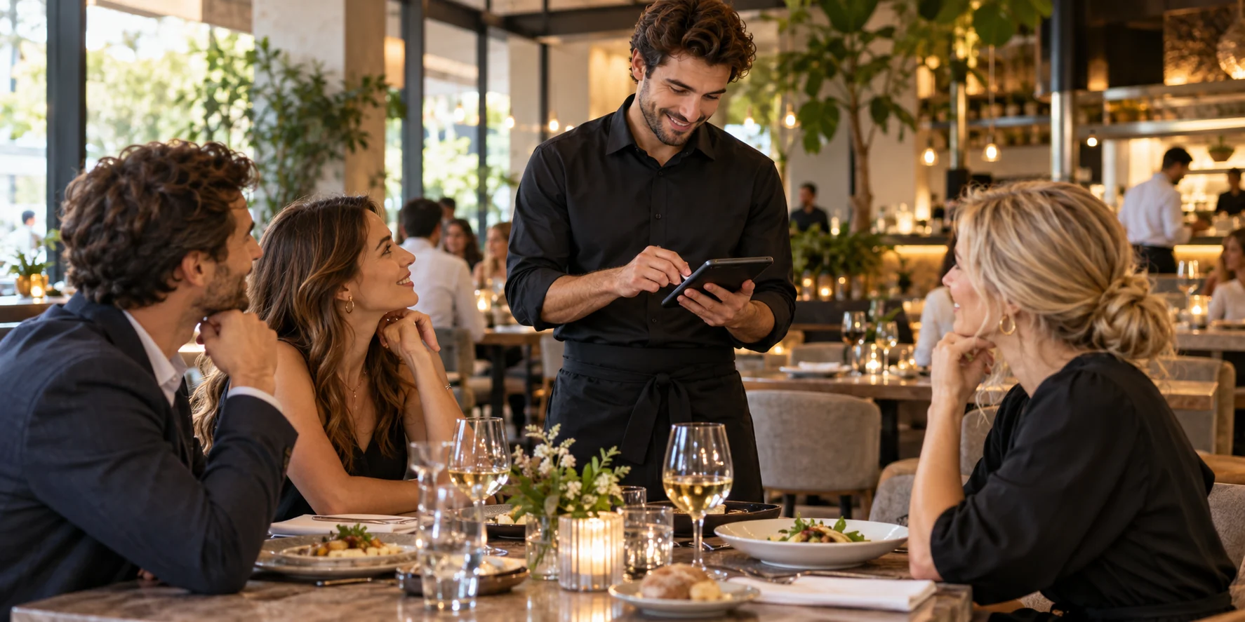 Camarero tomando una comanda con un dispositivo móvil en un restaurante moderno